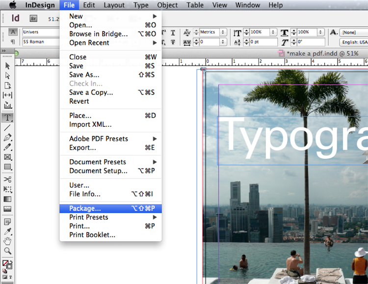 <h4>1</h4><h3>Open InDesign, go to the 'File' menu and

       select 'Package'</h4>